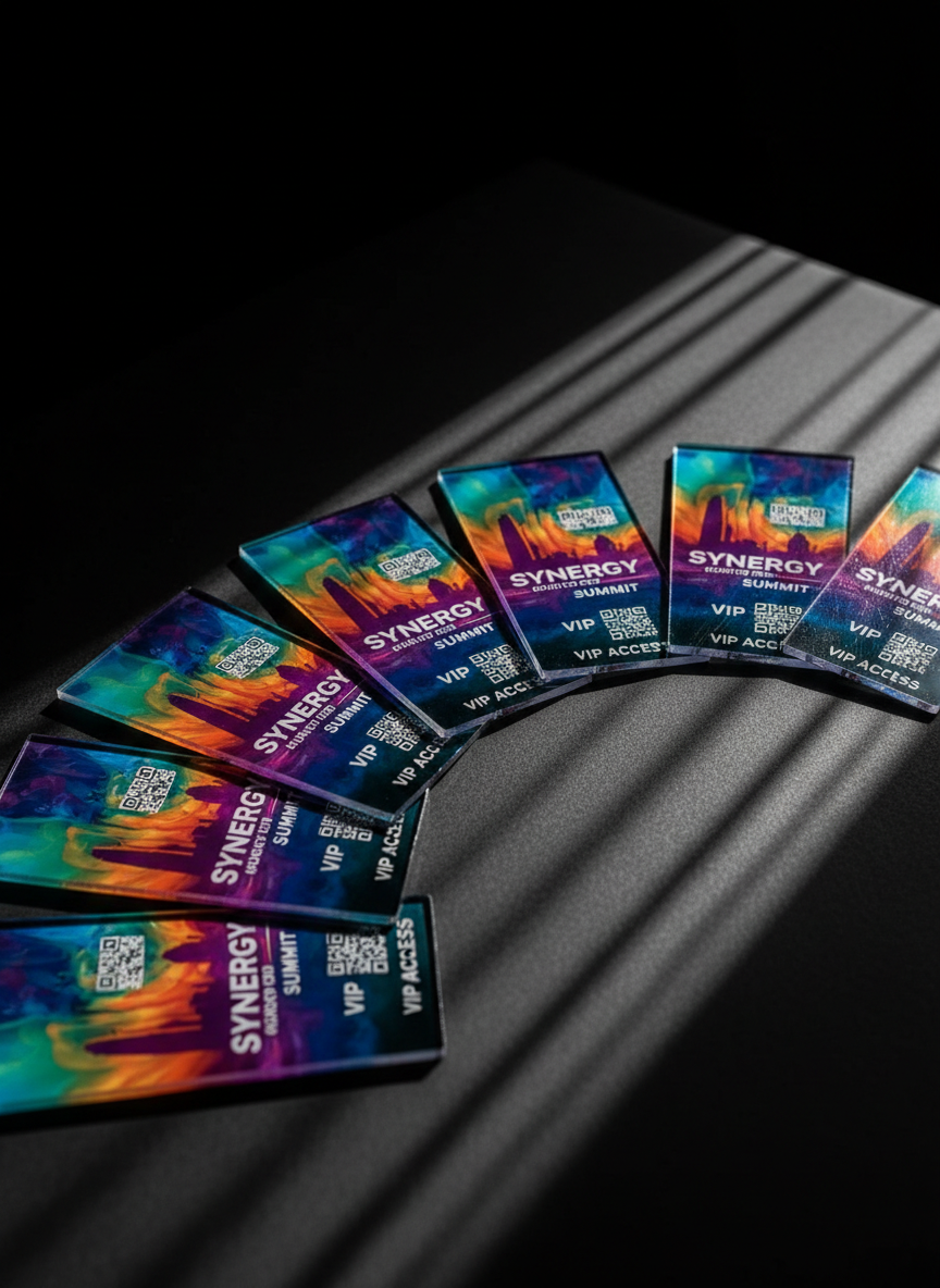 A cluster of high-gloss acrylic event access badges and VIP passes arranged in a dynamic fan pattern on a deep charcoal tabletop, each pass featuring vivid gradients, QR codes, and stylized WNY skyline icons. A bold, directional spotlight from the top right creates razor-sharp shadows and brilliant reflections along the badge edges, emphasizing their premium finish. The background is pure black, fading seamlessly to nothing, amplifying the contrast and drama. Captured from a close-up, slightly angled macro perspective in photographic realism, the composition feels energetic and exclusive, visually representing a marketing agency that curates powerful, high-end networking experiences.