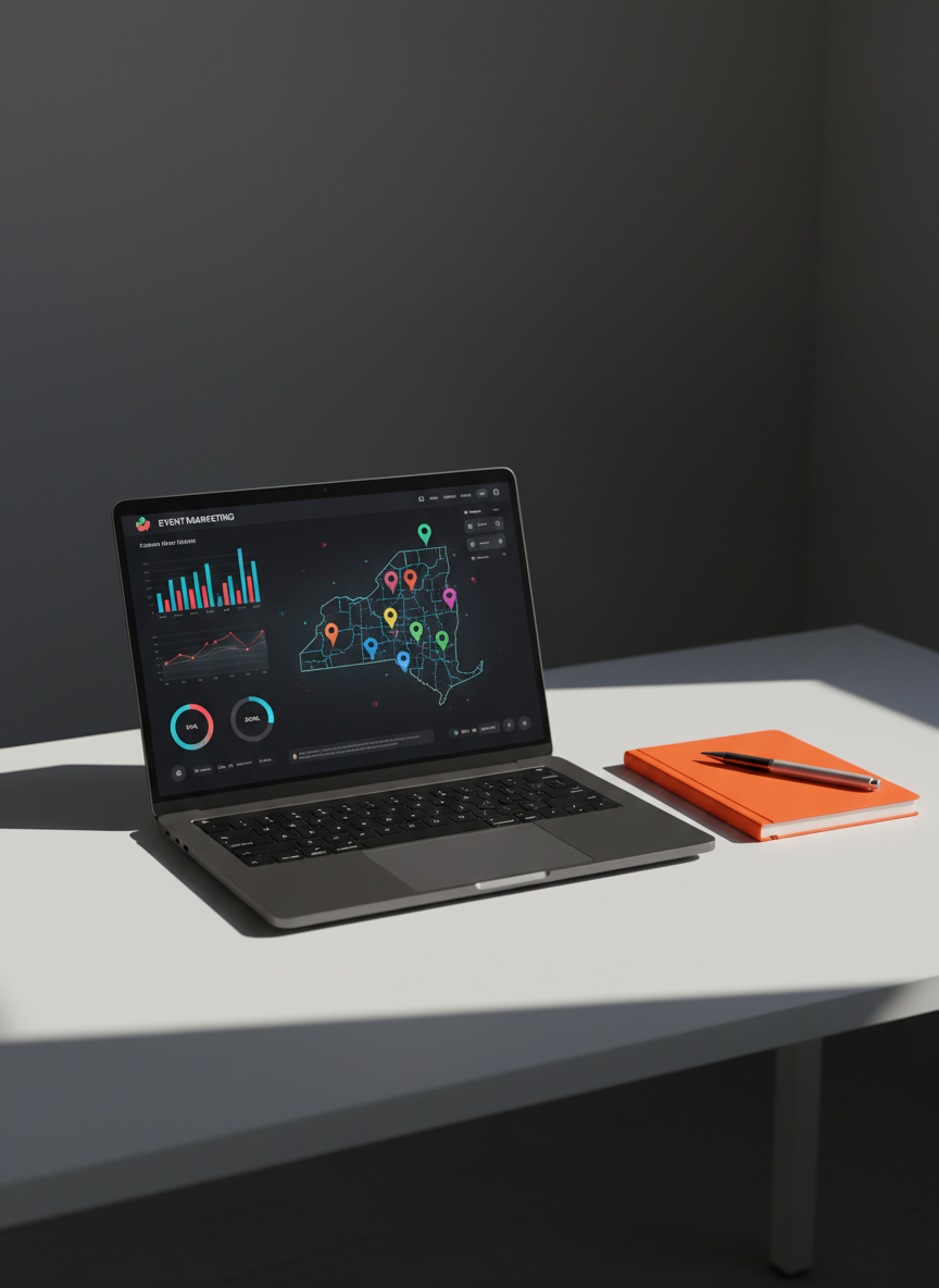A bold, modern workspace centered on a sleek matte-black laptop displaying a vibrant event marketing dashboard, with colorful charts and WNY city map pins glowing on screen. The laptop rests on a spotless white desk with a single neon-orange notebook and a chrome pen aligned with precision. Sharp directional studio lighting from the left carves crisp shadows across the desk and accentuates the laptop’s brushed metal texture, while the background fades to a minimalist dark gradient wall. Photographic realism, eye-level composition, and shallow depth of field isolate the scene, conveying a powerful, confident atmosphere that reflects a cutting-edge marketing agency ready to amplify high-energy events and networking experiences.