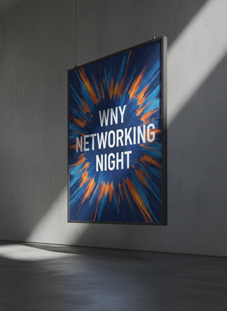 A minimalist, oversized digital billboard mockup floating against a clean concrete wall, displaying a striking, abstract event poster in electric blues and fiery oranges with the bold text “WNY NETWORKING NIGHT” in sharp geometric typography. The billboard’s glass surface catches a strong diagonal beam of studio light from the upper right, creating intense highlights and crisp shadows that stretch across the floor. The surroundings are intentionally sparse: polished dark concrete underfoot and a barely visible horizon line. Shot from a slightly low angle in photographic realism, the composition feels monumental and high-impact, evoking the bold presence of a marketing agency that dominates the local event landscape.